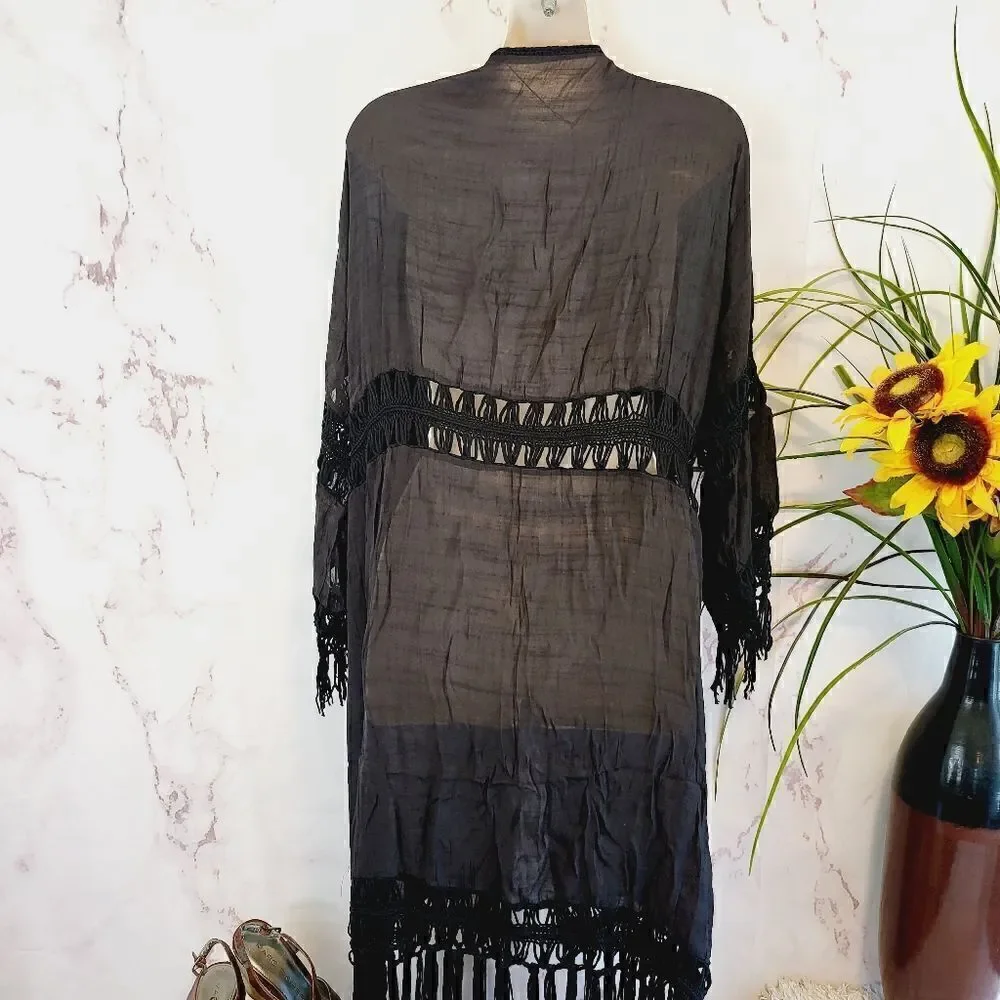 New gauzy swimsuit cover up with crochet and fringe details